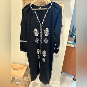 Old Navy, Navy Caftan Dress with White and Tan Embroidery